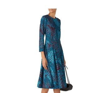Natori Cheetah Crepe Top Stitch Dress Teal Aqua Blue 3/4 Sleeve Back Zip Size 8